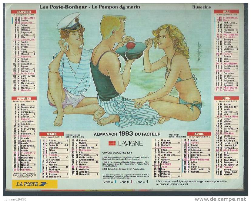 ALMANACH DU FACTEUR 1993 ( CALENDRIER ) LES PORTE-BONHEUR - LE POMPON DU MARIN / LE GUI ( Déssin: RUSECKIS ) - Grand Format : 1991-00