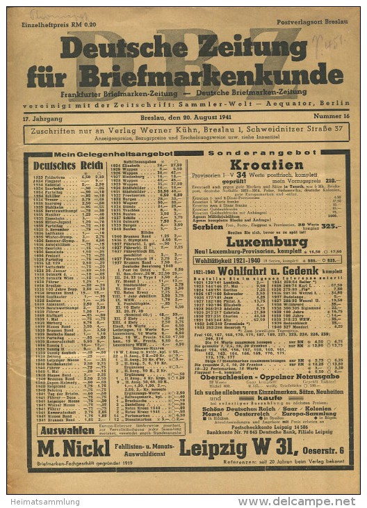 DBZ - Deutsche Zeitung Für Briefmarkenkunde 17. Jahrgang August 1941 Nummer 16 - Alemán (desde 1941)