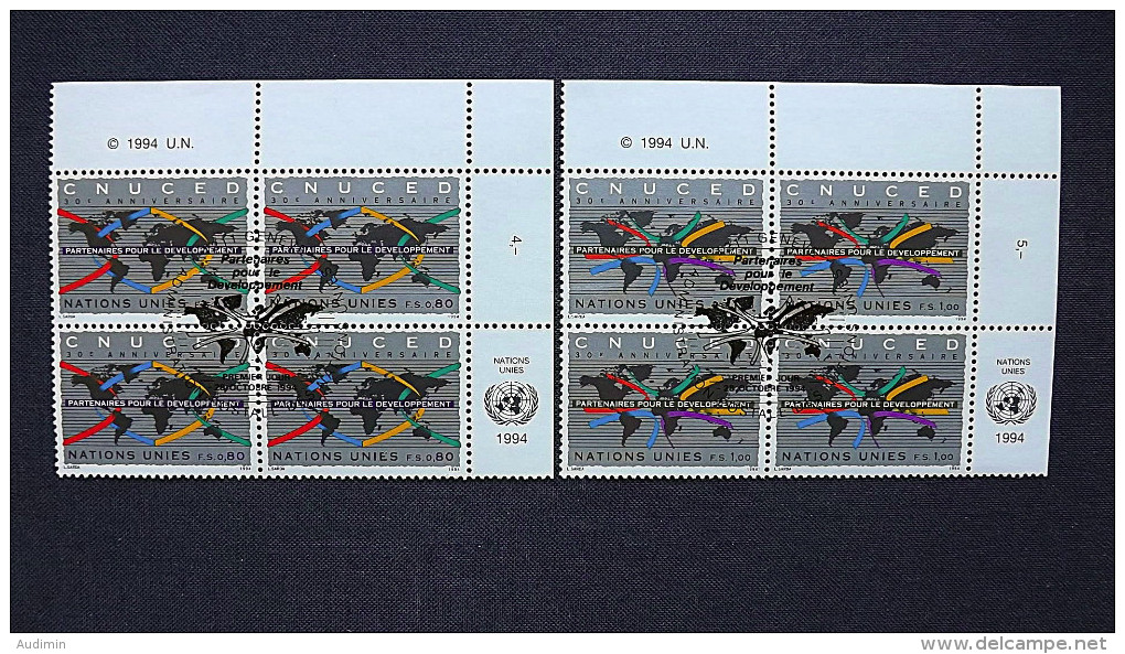 UNO-Genf 259/60 Eckrandviererblock ´B´, Oo/ESST, 30 Jahre Konferenz Der UNO Für Handel Und Entwicklung (UNCTAD) - Used Stamps