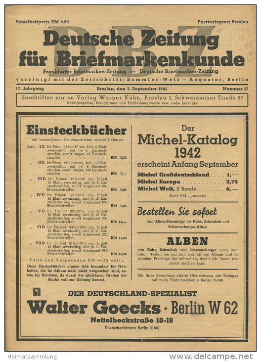 DBZ - Deutsche Zeitung Für Briefmarkenkunde 17. Jahrgang September 1941 Nummer 17 - German (from 1941)