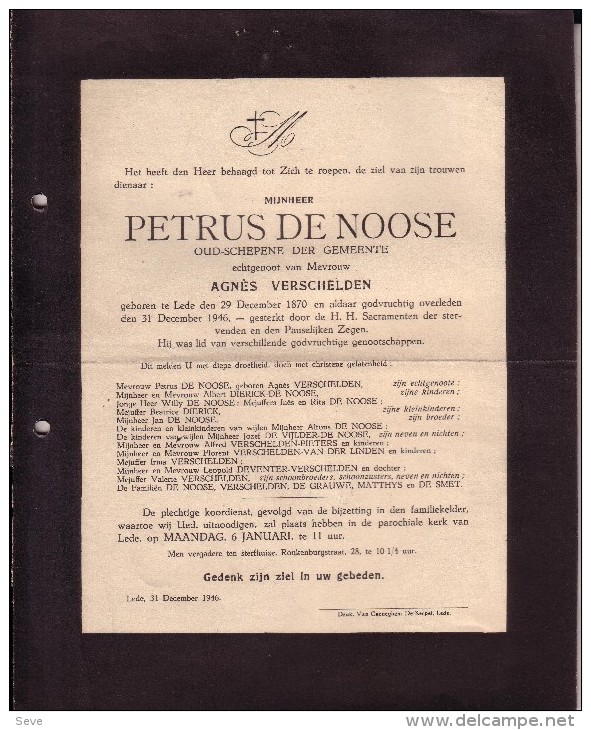 LEDE Petrus DE NOOSE époux VERSCHELDEN Ancien échevin 1870-1946 Doodsbrief - Obituary Notices