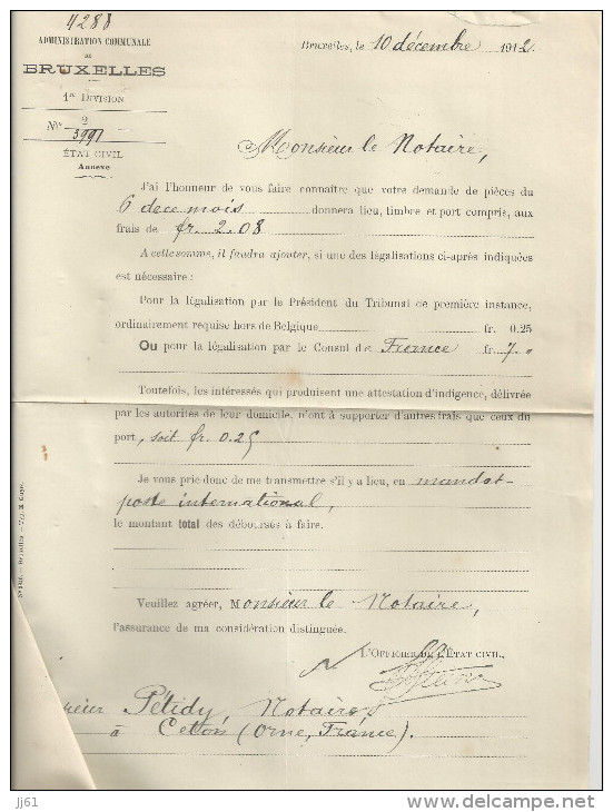 BRUXELLES 2 DOCUMENTS NOTICE DE ADMINISTRATION COMMUNALE EXTRAIT DU REGISTRE DE NAISSANCE DE 1857  ANNEE 1912 POUR CETON - ... - 1799