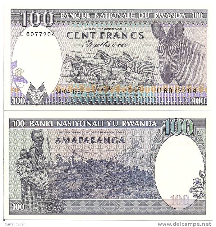 Rwanda P-19, 100 Francs, Woman, Baby, Karisimbi & Visoke Volcanoe / Great Zebras - Rwanda