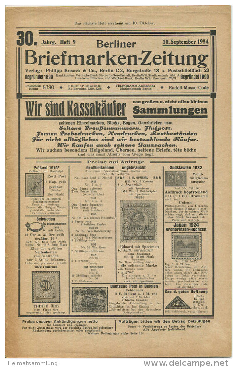 Berliner Briefmarken-Zeitung - 30. Jahrgang Heft 9 - September 1934 - Verlag Phillip Kosack & Co. - Tedesche (prima Del 1940)