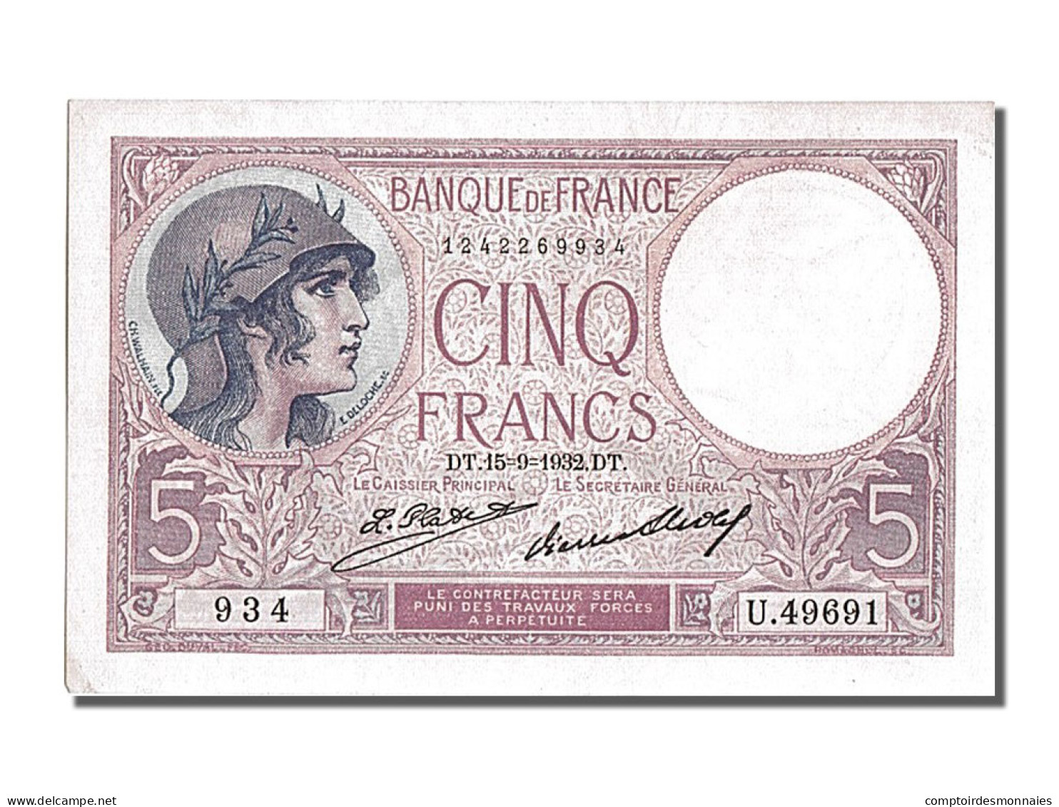 Billet, France, 5 Francs, 5 F 1917-1940 ''Violet'', 1932, 1932-09-15, SPL - 5 F 1917-1940 ''Violet''