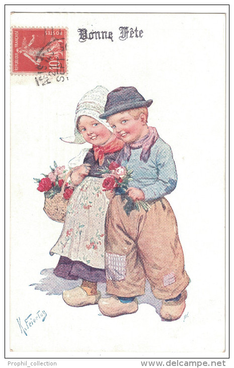 CPA Signée Illustrateur Feiertag " Bonne Fete " Couple Enfants En Tenues Campagnarde Avec Sabots Panier Fleurs Chapeau - Feiertag, Karl