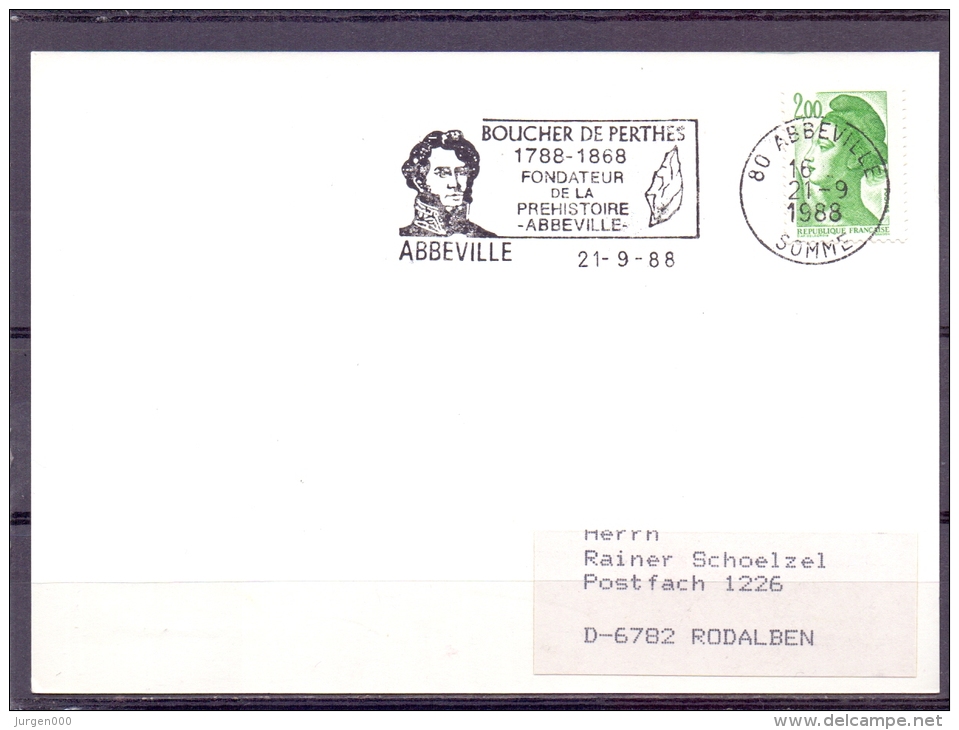 Rép. Française - Boucher De Perthes - Fondateur Préhistoire - Abbeville 21/9/88  (RM9930) - Vor- Und Frühgeschichte
