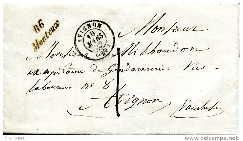 Vaucluse, Cursive 86 MONTEUX, Car Type 15 D'Avignon Du 10 MARS 1852 Taxe Tampon 1 - 1801-1848: Précurseurs XIX