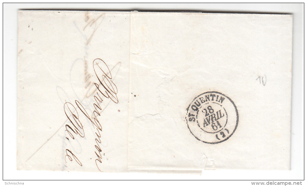 Frankreich, Falt Brief Mit Inhalt, Nummern Stempel 1252, Lafen Nach St. Quentin, 1861 - 1853-1860 Napoléon III.