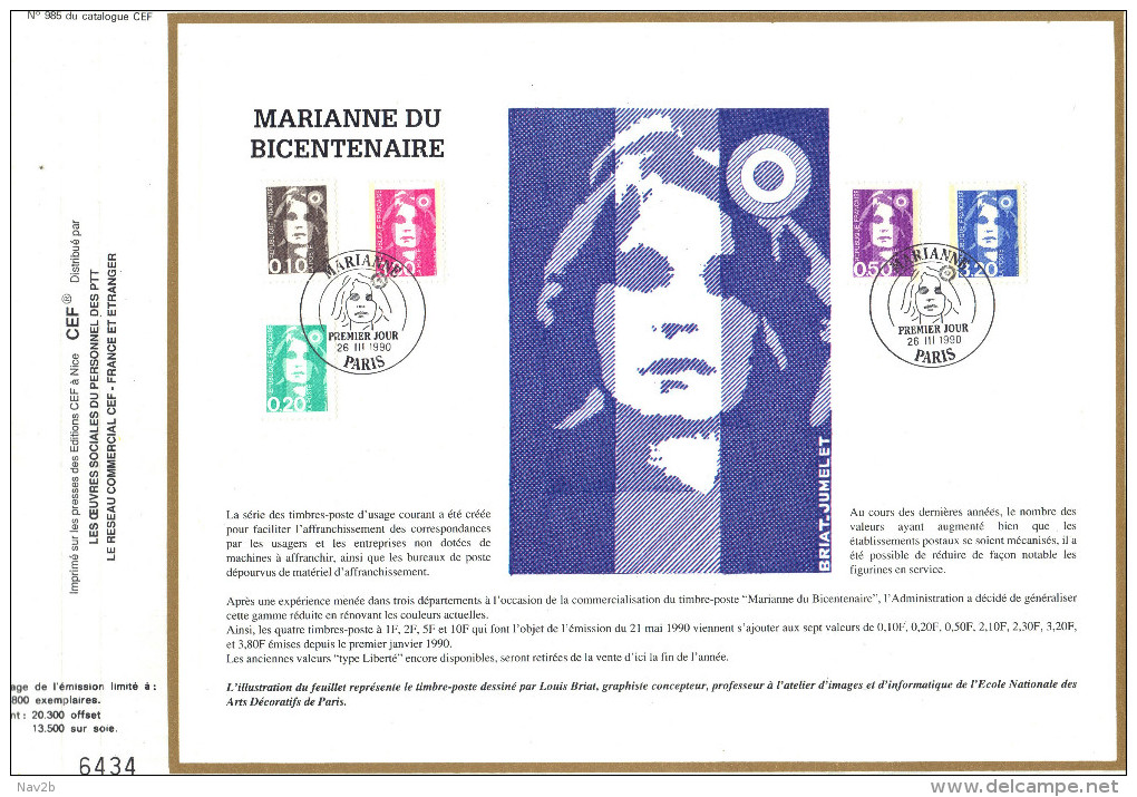 Sur Feuillet CEF , FDC Paris 1990 . 5 Nouvelles Valeurs De La Marianne Du Bicentenaire. - 1990-1999