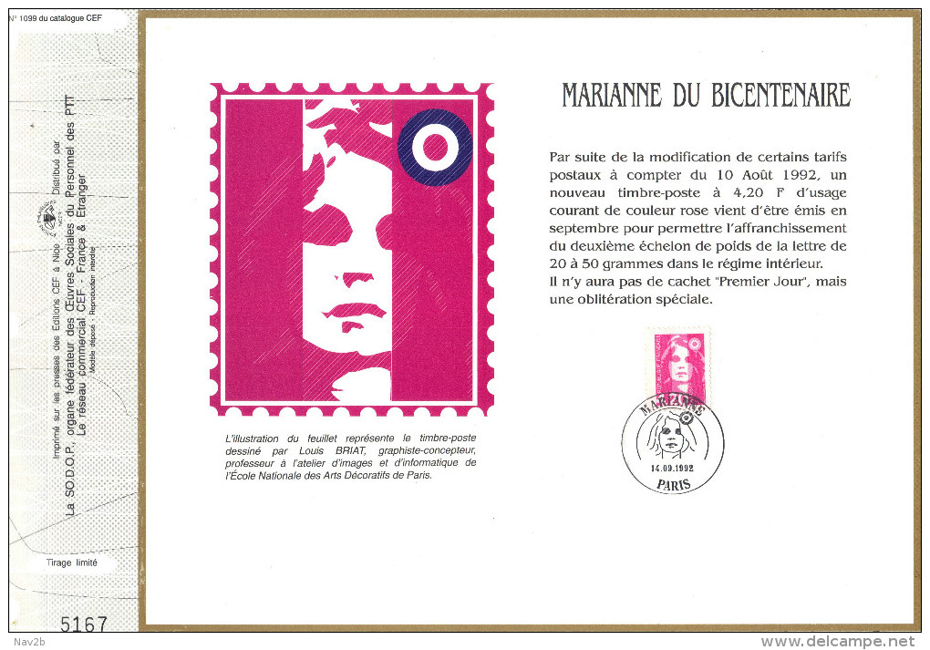 Sur Feuillet CEF , FDC Paris 1992 . Une Nouvelle Valeur Marianne Du Bicentenaire Sans Mention Premier Jour. - 1990-1999