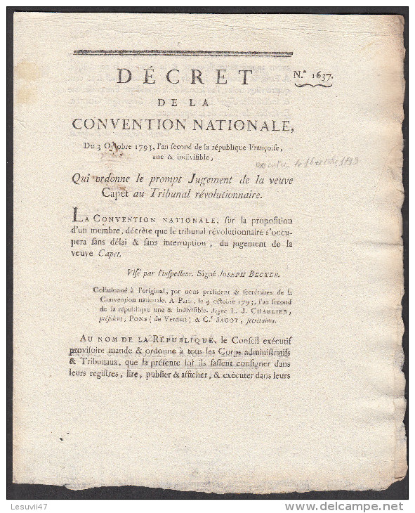 DECRET, Qui Ordonne Le Prompt Jugement De La Veuve CAPET Au Tribunal Révolutionnaire, Le 3 Octobre 1793. - Gesetze & Erlasse