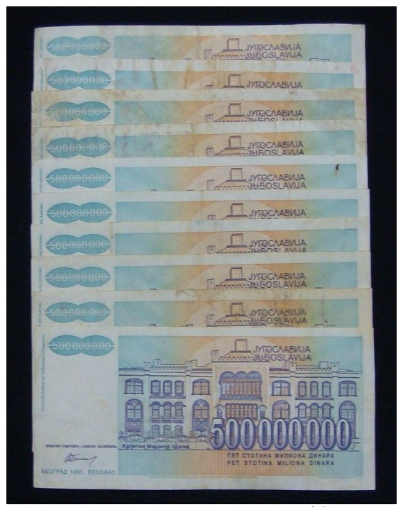 SERIES - AB, YUGOSLAVIA LOT 10 X 500,000,000 DINARA 1993 PICK-134, VF. - Vrac - Billets