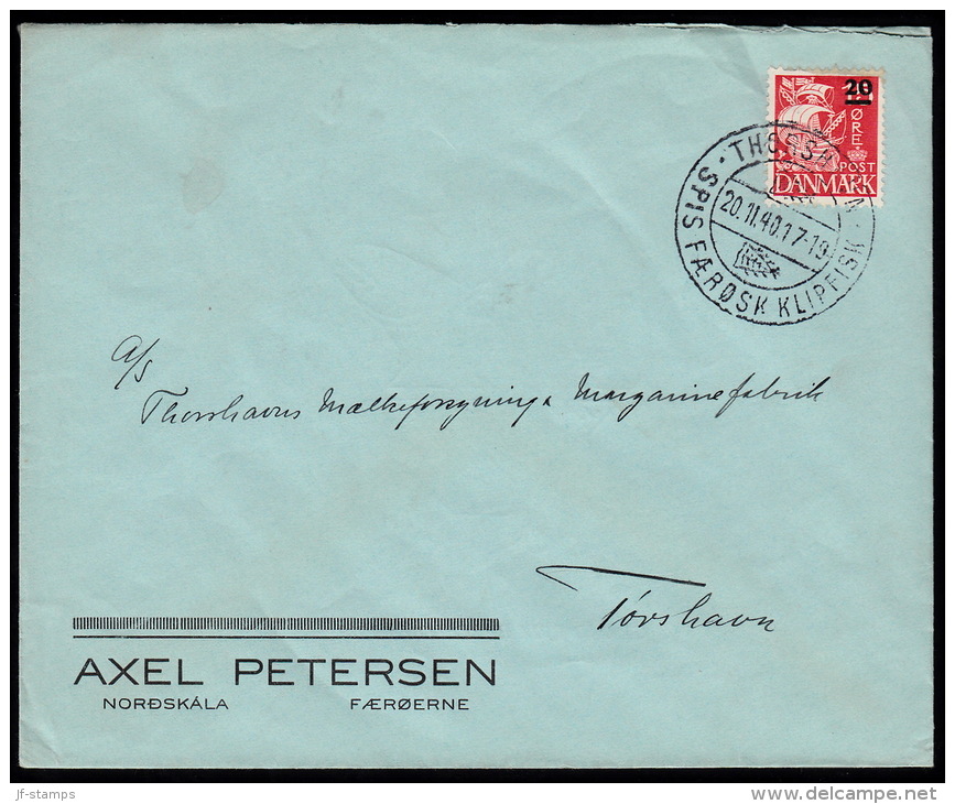 1940. Provisional Issue.  20 Øre On 15 Øre Red Karavel. THORSHAVN FÆRØERNE SPIS FÆRØSK ... (Michel: 4) - JF500577 - Faroe Islands