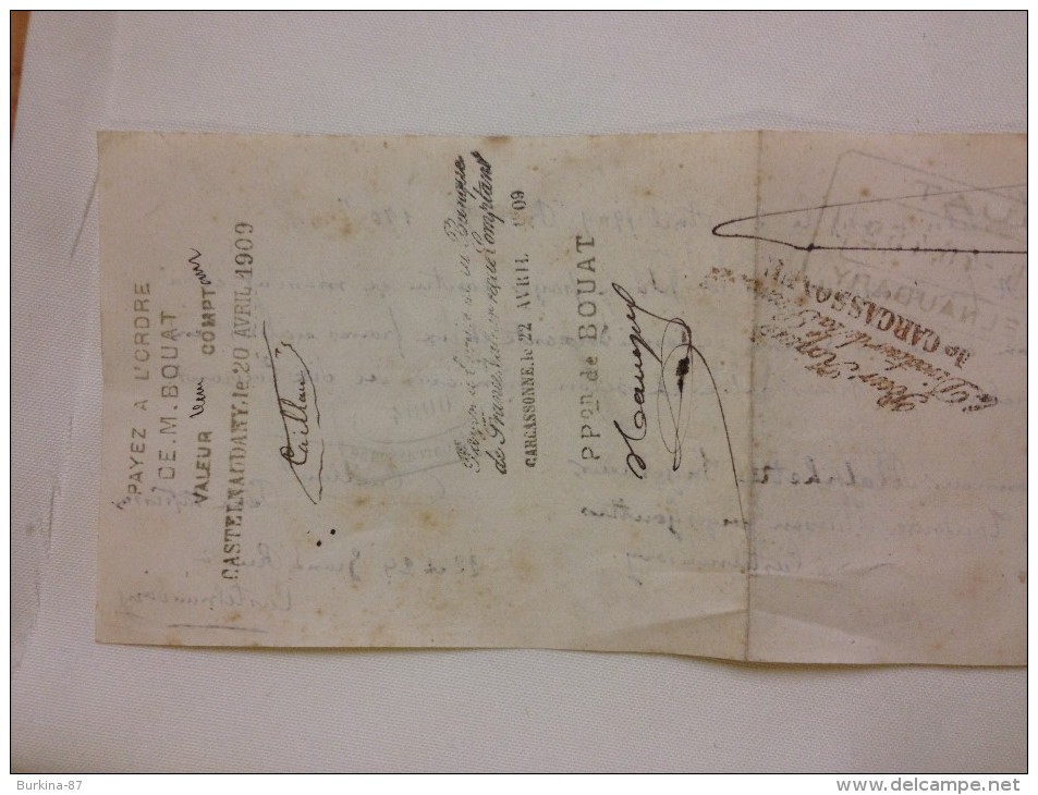 CASTELNAUDARY,  MANDAT DE PAIEMENT , 1909, RECETTE DES FINANCES - Cheques & Traveler's Cheques