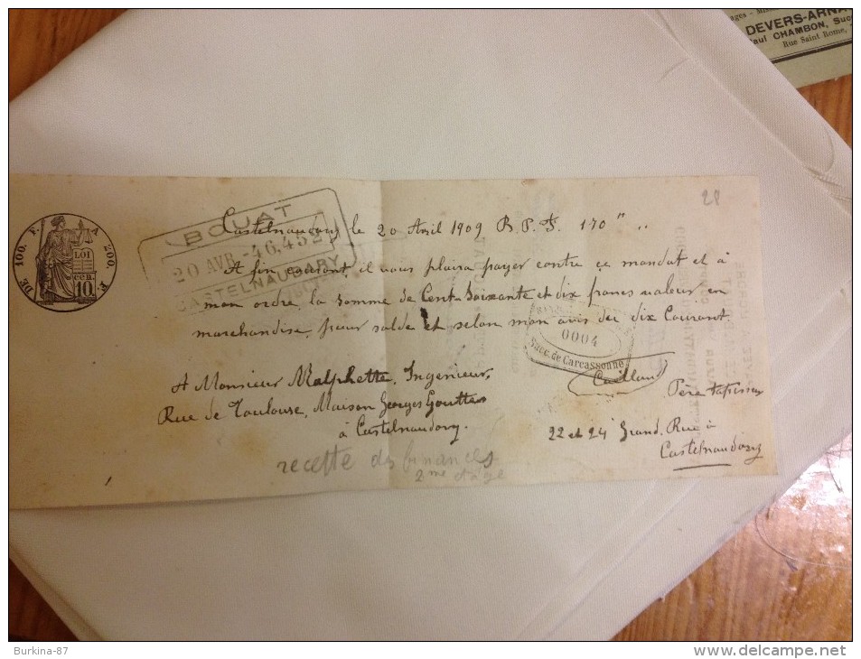 CASTELNAUDARY,  MANDAT DE PAIEMENT , 1909, RECETTE DES FINANCES - Chèques & Chèques De Voyage