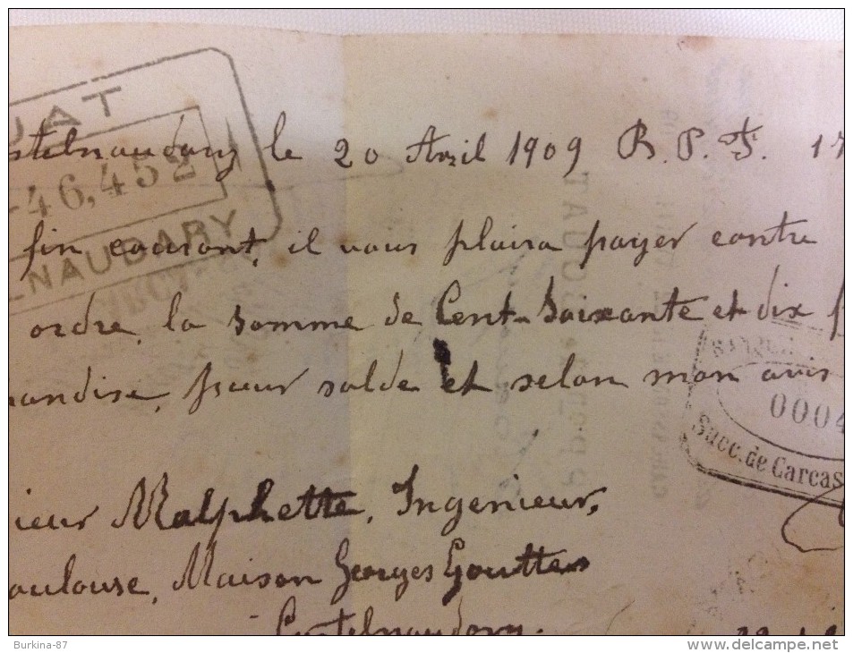 CASTELNAUDARY,  MANDAT DE PAIEMENT , 1909, RECETTE DES FINANCES - Chèques & Chèques De Voyage