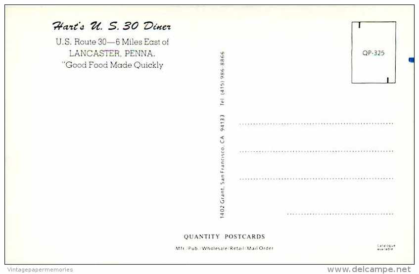 246823-Pennsylvania, Lancaster, Hart's US 30 Diner, Lincoln Highway, 50s Cars, Quality Postcards No QP-325 - Lancaster