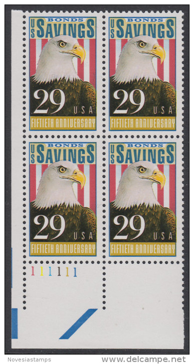 !a! USA Sc# 2534 MNH PLATEBLOCK (LL/111111/c) - Savings Bonds; 50th Anniversary - Nuovi