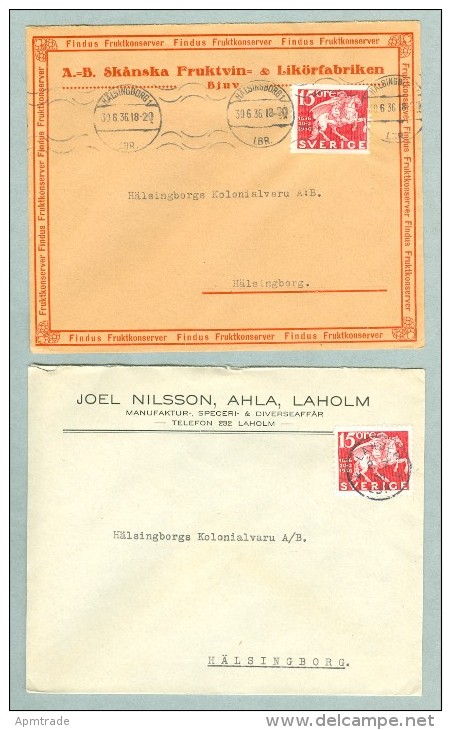 Sweden. 2 Covers 1936. Commercial. Postal Used. Stamp  15 Ore. Post 300 Year. 2 Different Perforations. - Lettres & Documents