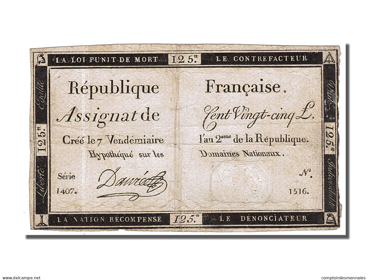 Billet, France, 125 Livres, 1793, DaurÃ©e, TTB, KM:A74, Lafaurie:169 - Assignats & Mandats Territoriaux