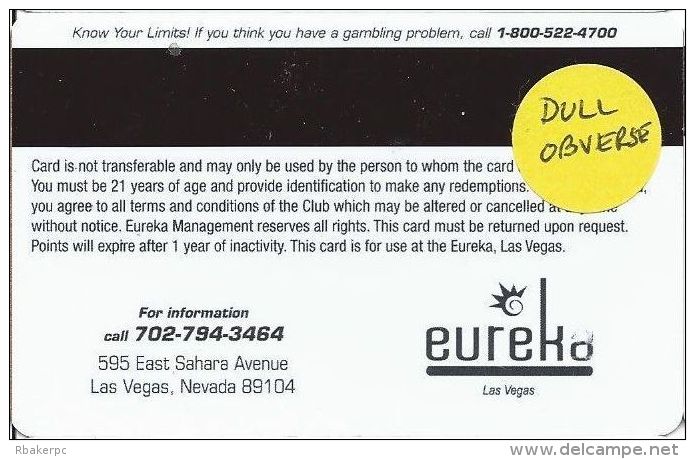 Eureka Casino Las Vegas NV 1st Issue Slot Card With DULL FRONT - Casino Cards