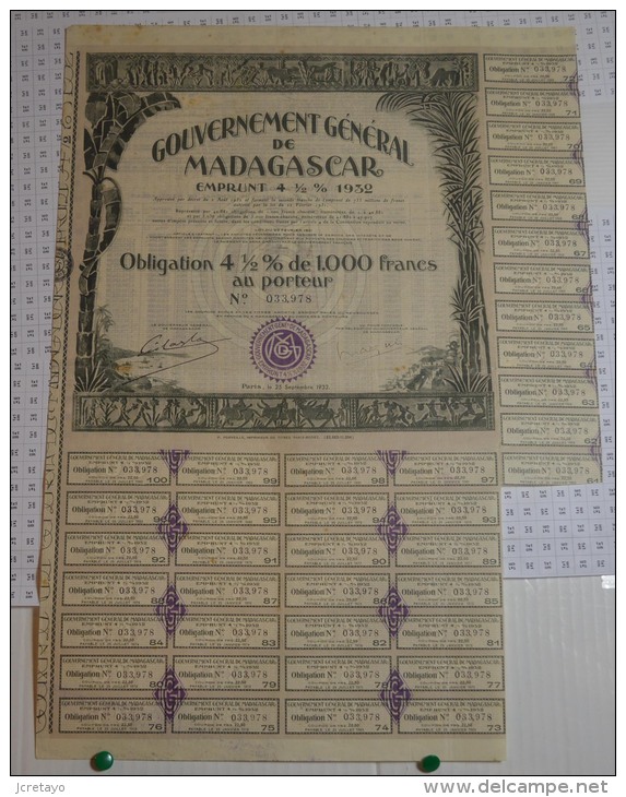 Gouvernement Général De Madagascar, Emprunt 4,5% 1932 - Banque & Assurance