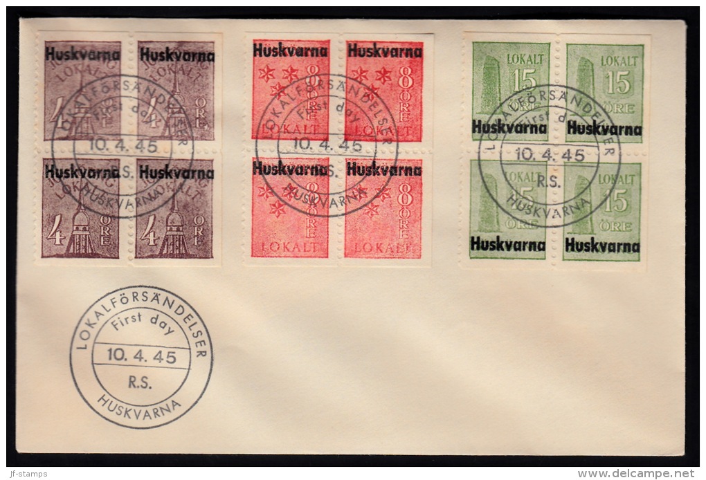 1945. Huskvarna LOKALT 4x 4 ÖRE + 4x 8 ÖRE + 4x 15 ÖRE FDC LOKALFÖRSÄNDELSER HUSKVARNA ... (Michel: ) - JF500856 - Lokale Uitgaven