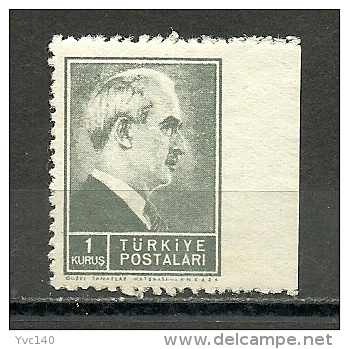 Turkey; 1944 2nd Inonu Issue 1 K. ERROR "Imperf. Edge" - Unused Stamps