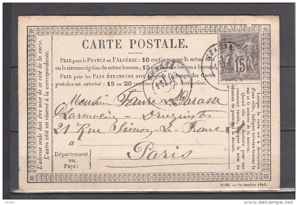 Entier De GRASSE Var  Type SAGE 15c Gris Sur CPA   Le 28 FEV 1877    Pour PARIS - Precursor Cards