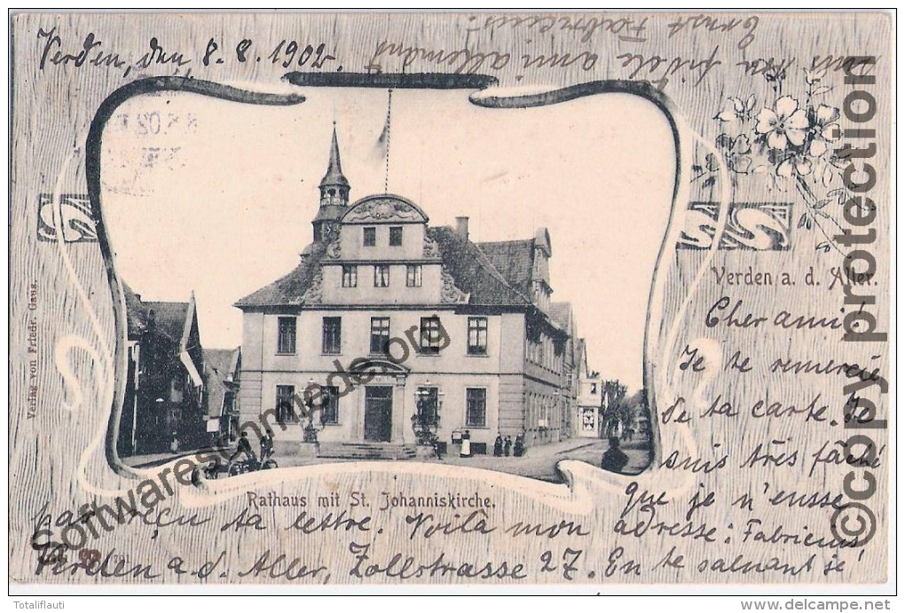 VERDEN Aller Rathaus Mit Johanniskirche Passepartout Jugendstil Rahmen 9.8.1902 Gelaufen - Verden