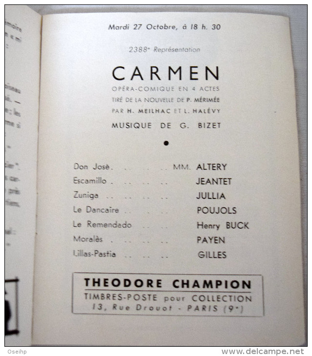 Programme Théâtre National De L´Opéra Comique CARMEN Bizet Gilly Denys Chellet Simone Garnier Pub Elizabeth Arden - Programma's