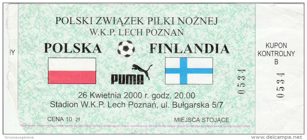 DOC1) BIGLIETTO INGRESSO POLSKA FINLAND STADION LECH POZNAN BULGARSKA MONDIALI?? CALCIO FOOTBALL FORMATO 17,5 X 8 Cm - Match Tickets