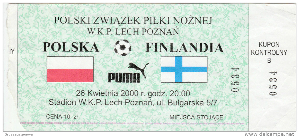 DOC1) BIGLIETTO INGRESSO POLSKA FINLAND STADION LECH POZNAN BULGARSKA MONDIALI?? CALCIO FOOTBALL FORMATO 17,5 X 8 Cm - Biglietti D'ingresso