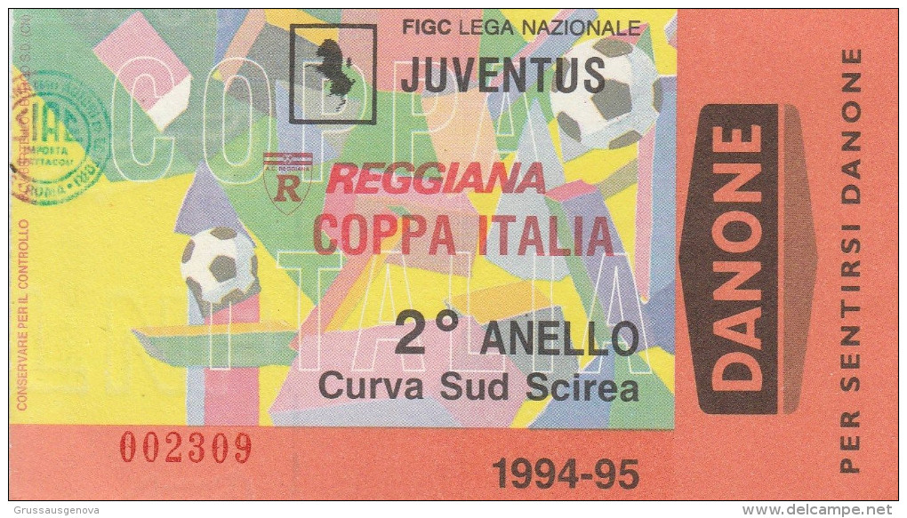 DOC1) BIGLIETTO INGRESSO JUVENTUS REGGIANA COPPA ITALIA CURVA SCIREA 2° ANELLO 1994-1995 - Tickets D'entrée