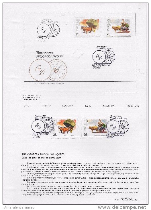 3 SCANS- TIMBRES- PORTUGAL (AÇORES) -1986- TRANSPORTS TRADITIONELS- Serie Timbres Avec Obliterátion 1.er Jour P. Delgada - Ponta Delgada