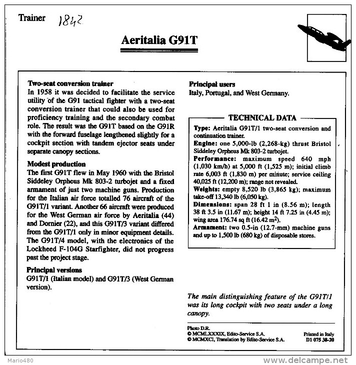 AERITALIA  G 91 T      2  SCAN  (NUOVO CON DESCRIZIONE TECNICA SUL RETRO) - 1946-....: Moderne