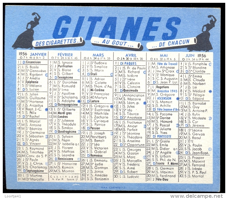 Kalender Calendrier - 1956 - Publicité Reclame Cigarettes Gitanes - Formato Piccolo : 1941-60