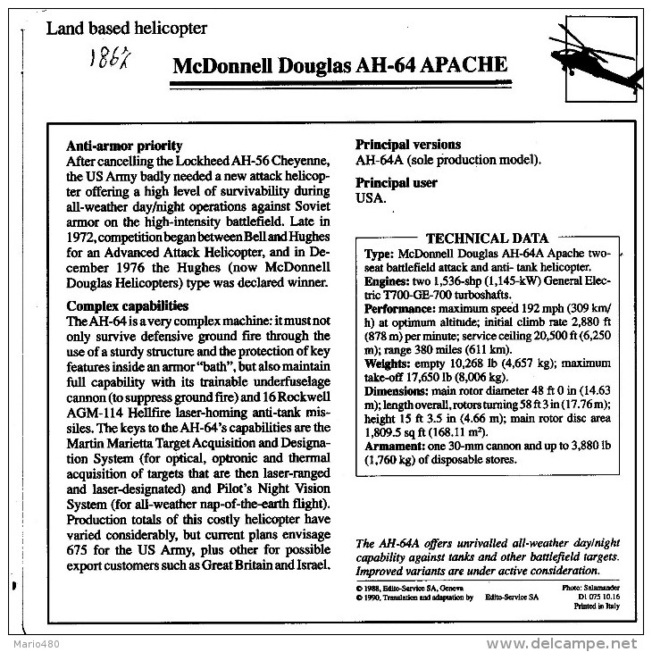 McDONNELL DOUGLAS AH-64 APACHE    2  SCAN    (NUOVO CON DESCRIZIONE TECNICA SUL RETRO) - Elicotteri