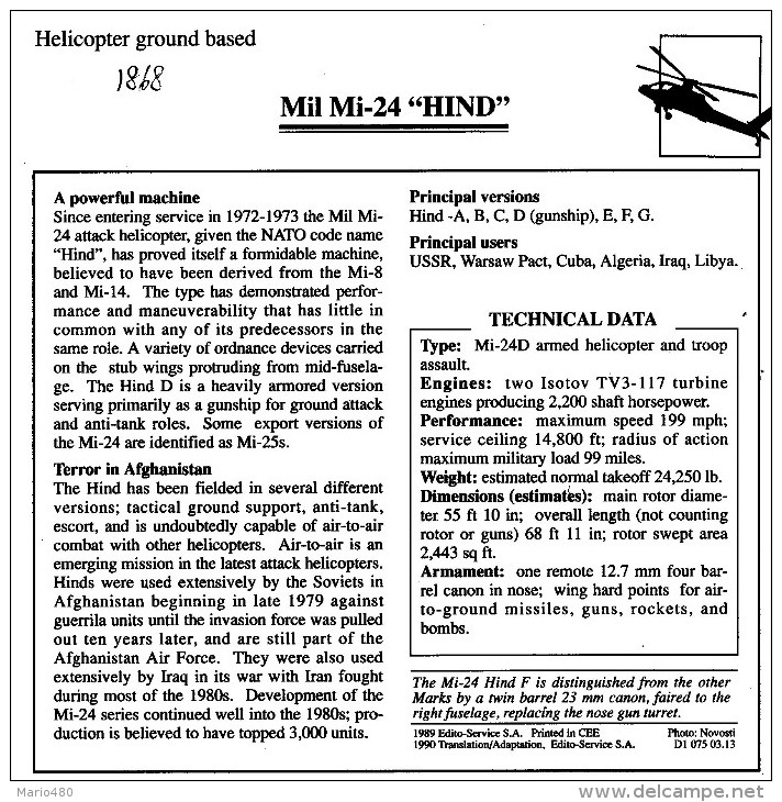 MIL MI-24 "HIND"    2  SCAN    (NUOVO CON DESCRIZIONE TECNICA SUL RETRO) - Elicotteri