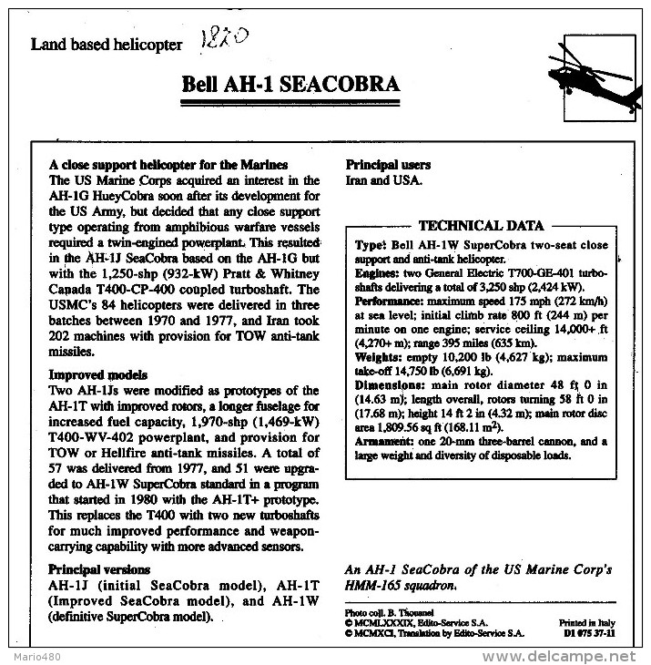 BELL  AH-1 SEACOBRA     2  SCAN    (NUOVO CON DESCRIZIONE TECNICA SUL RETRO) - Helikopters