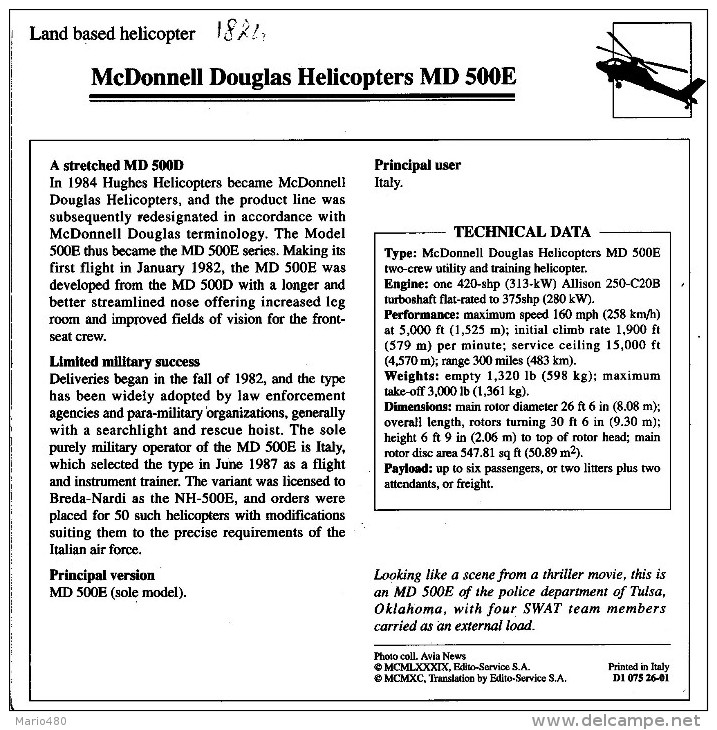 McDONNELL DOUGLAS  HELICOPTER  MD 500E     2  SCAN    (NUOVO CON DESCRIZIONE TECNICA SUL RETRO) - Helicópteros