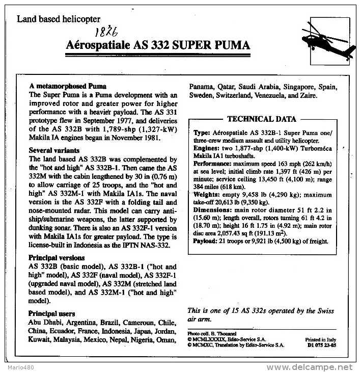 AEROSPATIALE  AS 332  SUPER PUME    2  SCAN    (NUOVO CON DESCRIZIONE TECNICA SUL RETRO) - Elicotteri