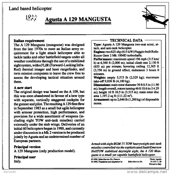 AUGUSTA A 129  MANGUSTA    2  SCAN    (NUOVO CON DESCRIZIONE TECNICA SUL RETRO) - Helikopters