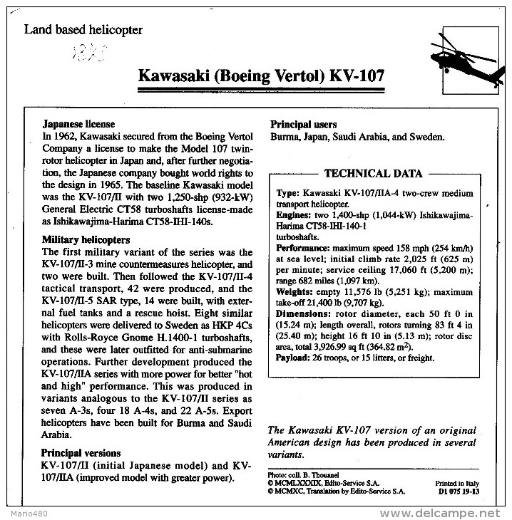 KAWASAKI (BOEING  VERTOL) KV-107   2  SCAN    (NUOVO CON DESCRIZIONE TECNICA SUL RETRO) - Hubschrauber