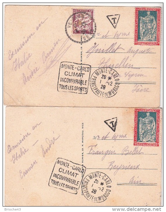 1928 LOT DE 2 CP DE MONTE-CARLO AVEC TIMBRE ITALIEN ET TAXE FRANCAISE / 6582 - Covers & Documents