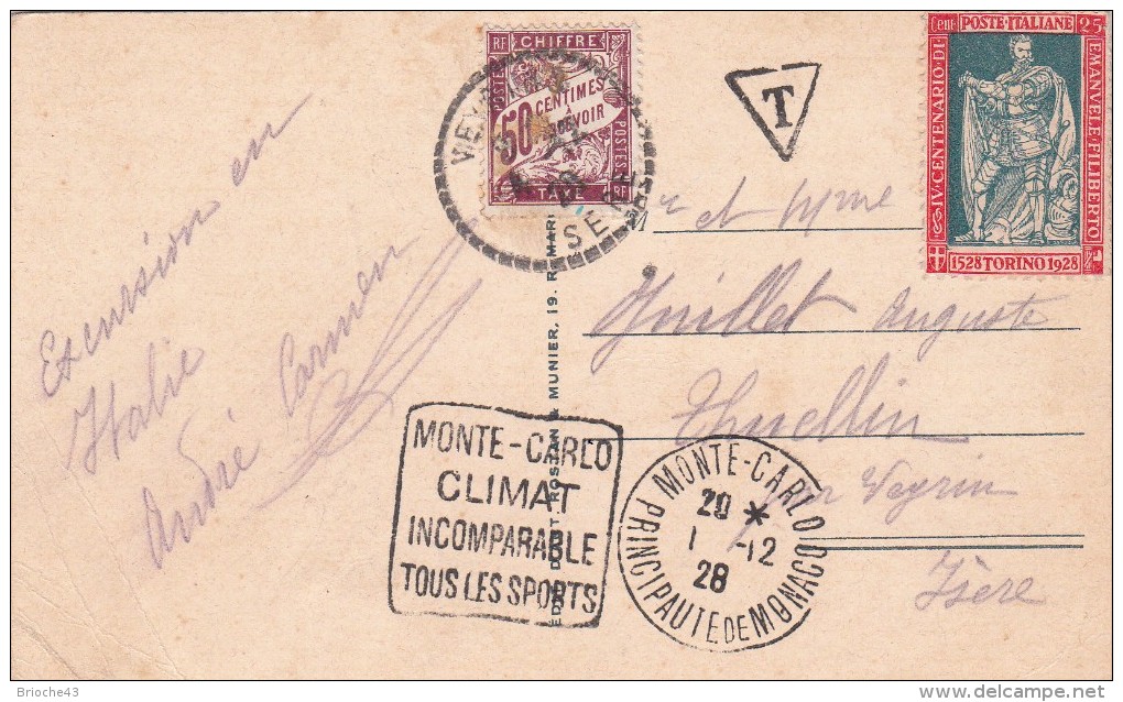 1928 LOT DE 2 CP DE MONTE-CARLO AVEC TIMBRE ITALIEN ET TAXE FRANCAISE / 6582 - Cartas & Documentos