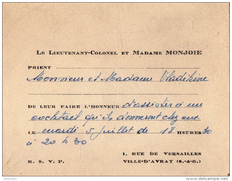 VP2731 - VILLE D´AVRAY - Carte D´invitation  Le Lieutenant - Colonel & Madame MONJOIE - Altri & Non Classificati