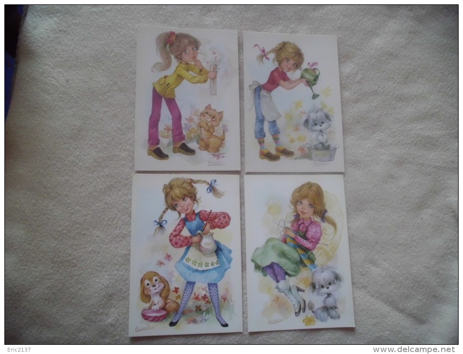 LOT DE 4 CARTES ..JEUNE FILLE ..CHIENS ET CHATS...SIGNE ALONSO ? - Other & Unclassified