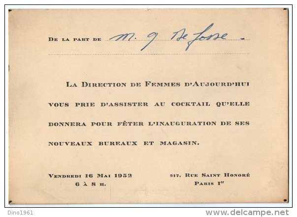 VP2732 - PARIS -  Carte D'invitation  La Direction De Femmes D' Aujourdhui ( Magazine Belge ) - Autres & Non Classés